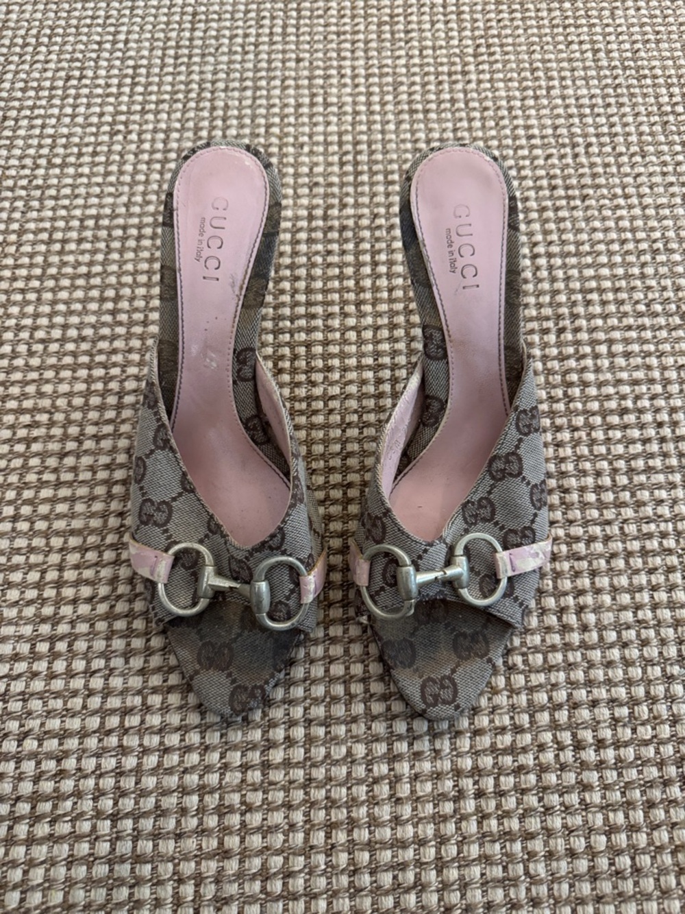Authentic Gucci Brown Monogram Sandals with Pink Insole and Silver Horsebit